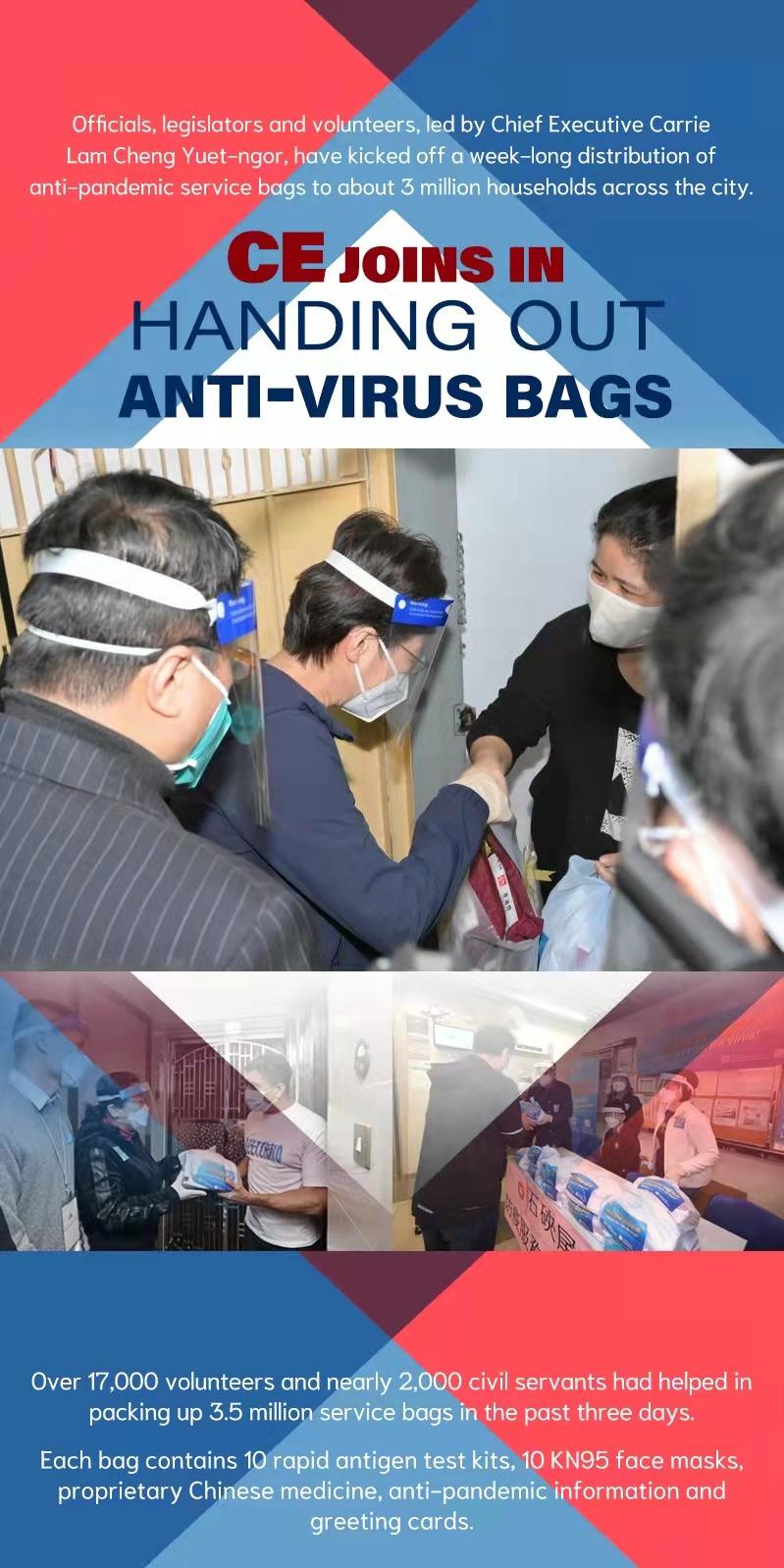 Carrie Lam joins in handing out anti-virus bags to 3 million HK households