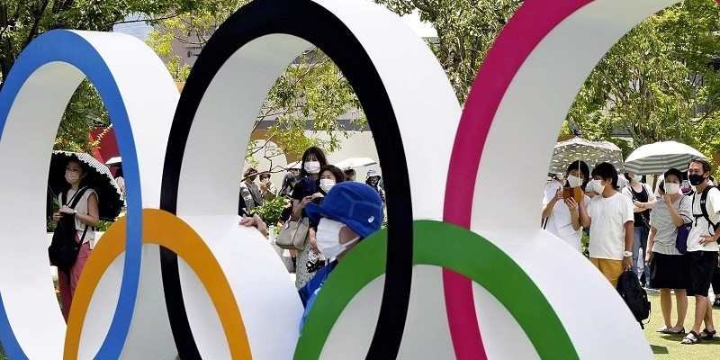 An Olympic monument near the National Stadium in Shinjuku Ward, Tokyo, in July 2021 