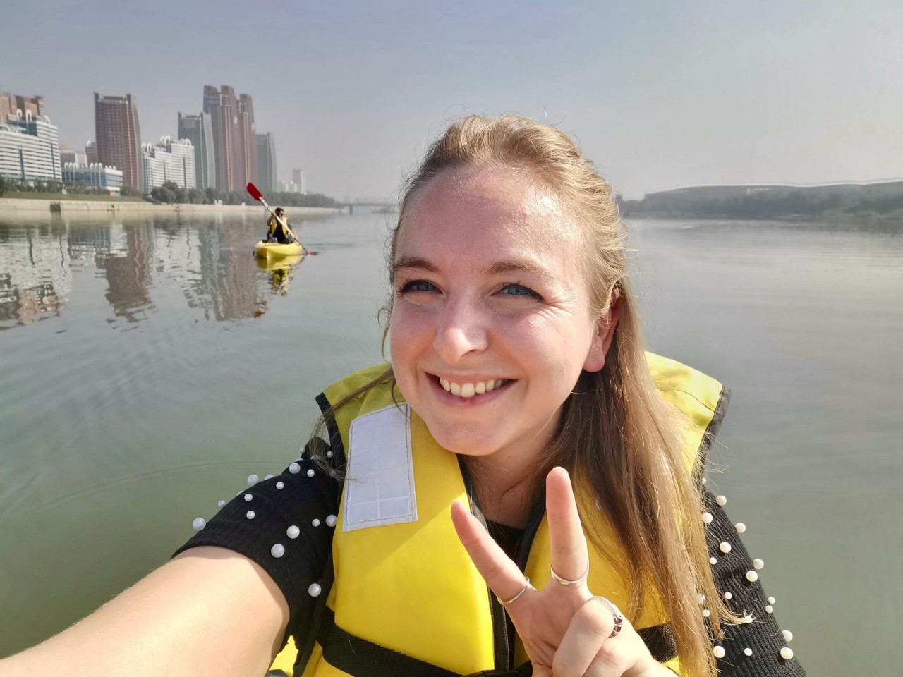 British traveler Zoe Stephens takes a selfie while kayaking on the Taedong River in 2019. PHOTO: CONTRIBUTED/THE KOREA HERALD