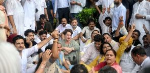 Indian congress workers protest against forcible removal of opposition leader Rahul Gandhi in Delhi sit-in protest