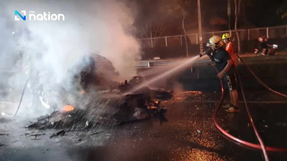 Ferrari, Benz cars burn down in three-vehicle accident in Bangkok